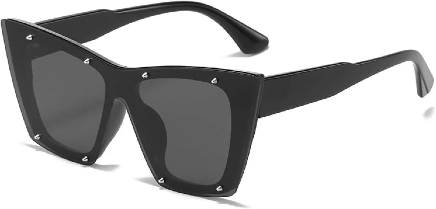 

Модные солнцезащитные очки «кошачий глаз» для женщин и мужчин, в стиле ретро, ​​цельные, с большой оправой и заклепками, для путешествий и вождения, с защитой от УФ-излучения UV400 TKKTLLT, Black Gray