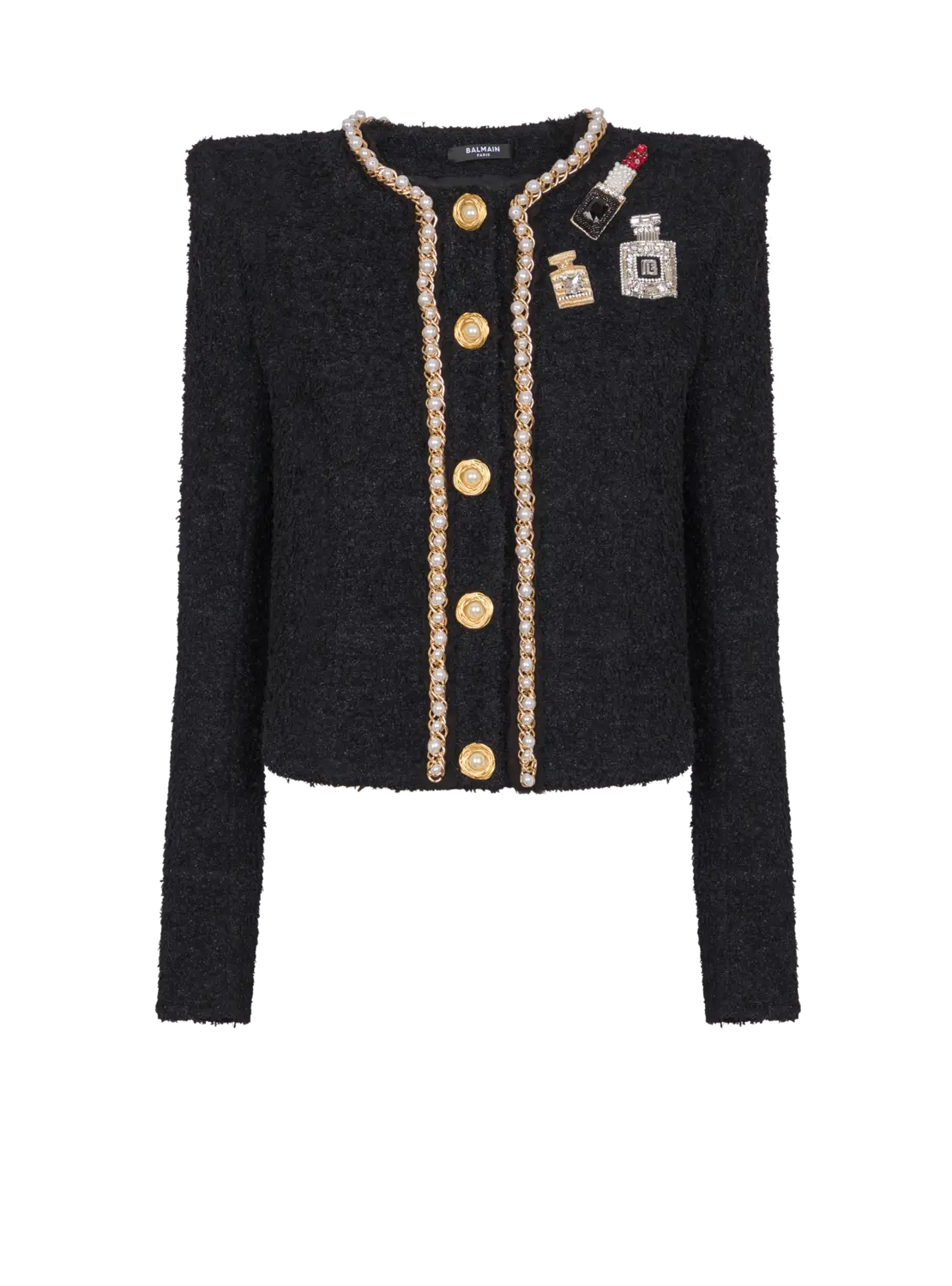 

Жакет с нашивками, жемчугом и цепочками Balmain, черный