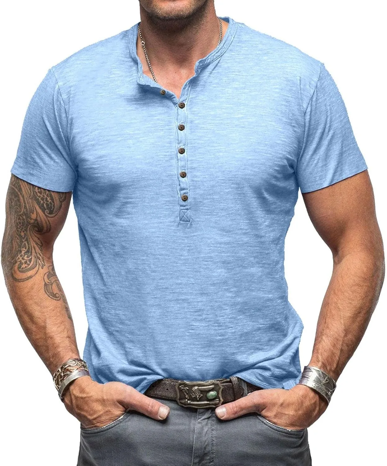 

Мужская футболка хенли с коротким рукавом, летняя, облегающая kuweot