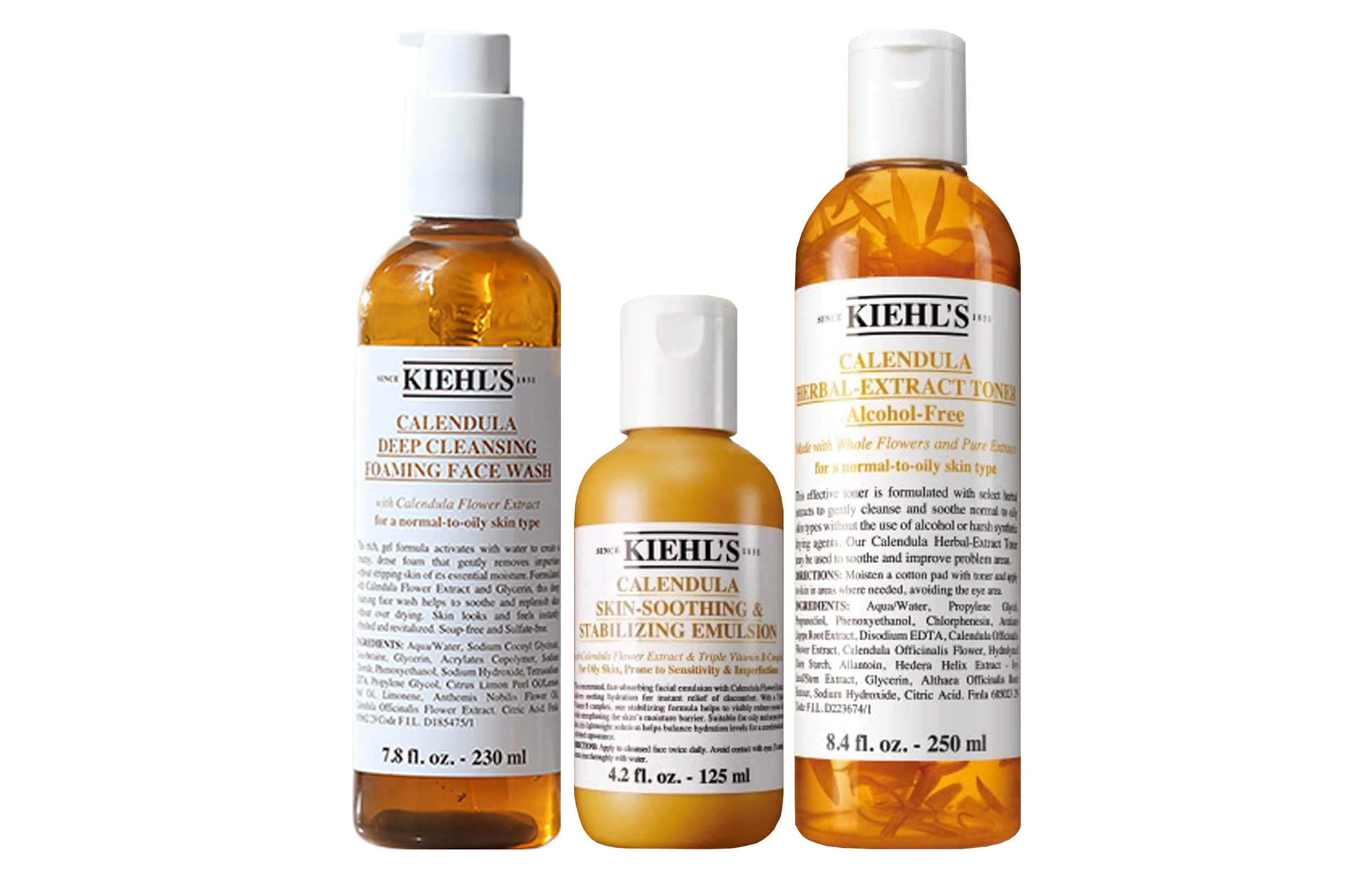 

KEYANSHI набор уходовой косметики с календулой для успокоения и восстановления, средство от акне: увлажняющий крем, очищающее средство 230мл + тонер 250мл + лосьон 125мл Kiehl's