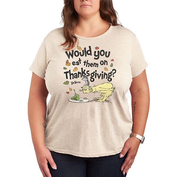 

Футболка с принтом "Would you eat them on thanksgiving" Plus size Dr. Seuss, Beige