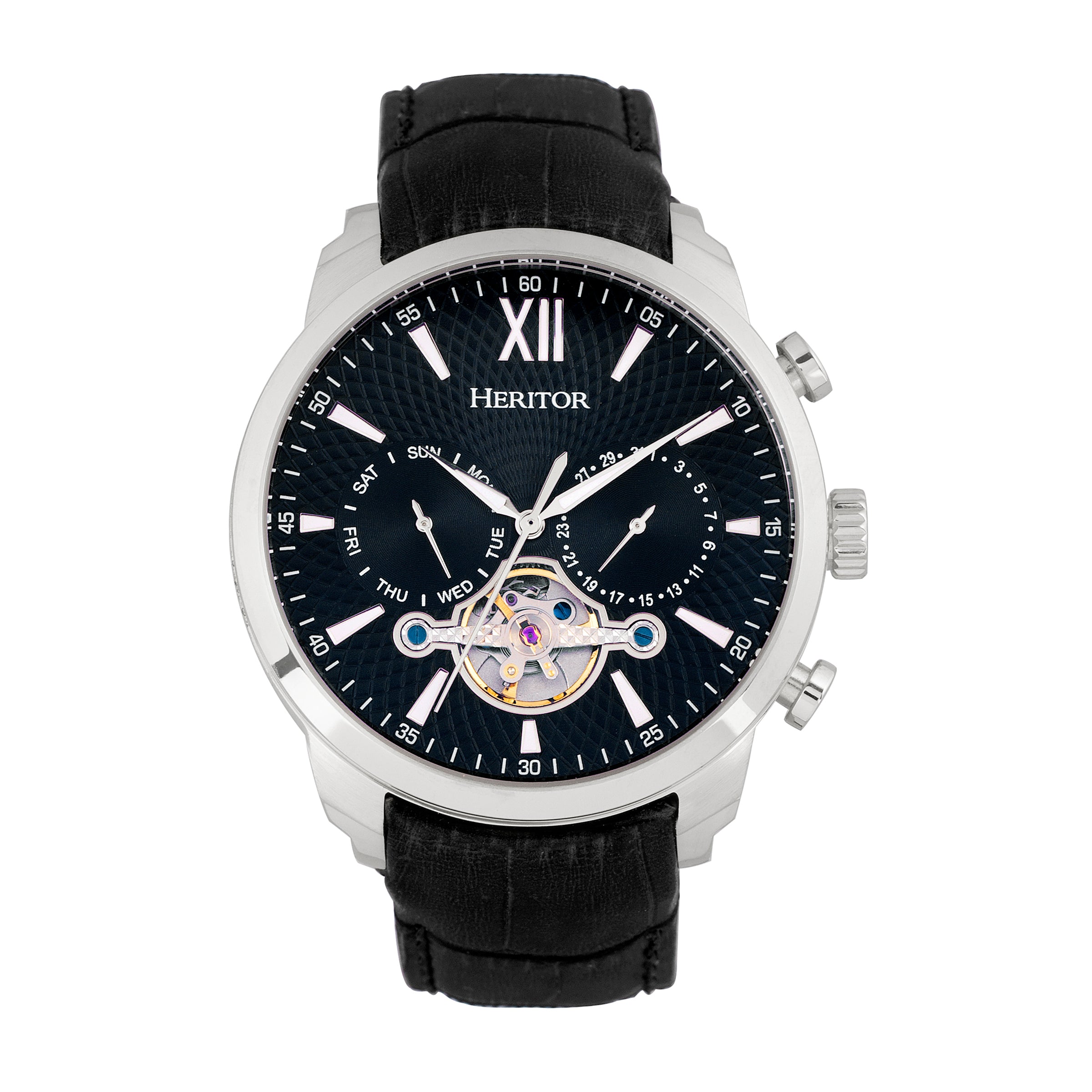 

Часы Arthur Semi-Skeleton с кожаным ремешком, с указателем дня недели и даты Heritor Automatic, серебряный