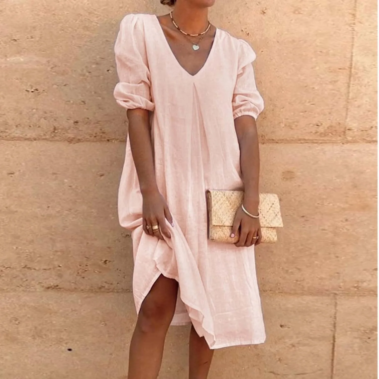 Летнее платье из хлопка и льна для женщин 2024 года, женское повседневное платье миди с коротким рукавом, однотонное платье-футболка, модное платье в стиле бохо Generic, оранжевый — фото 2