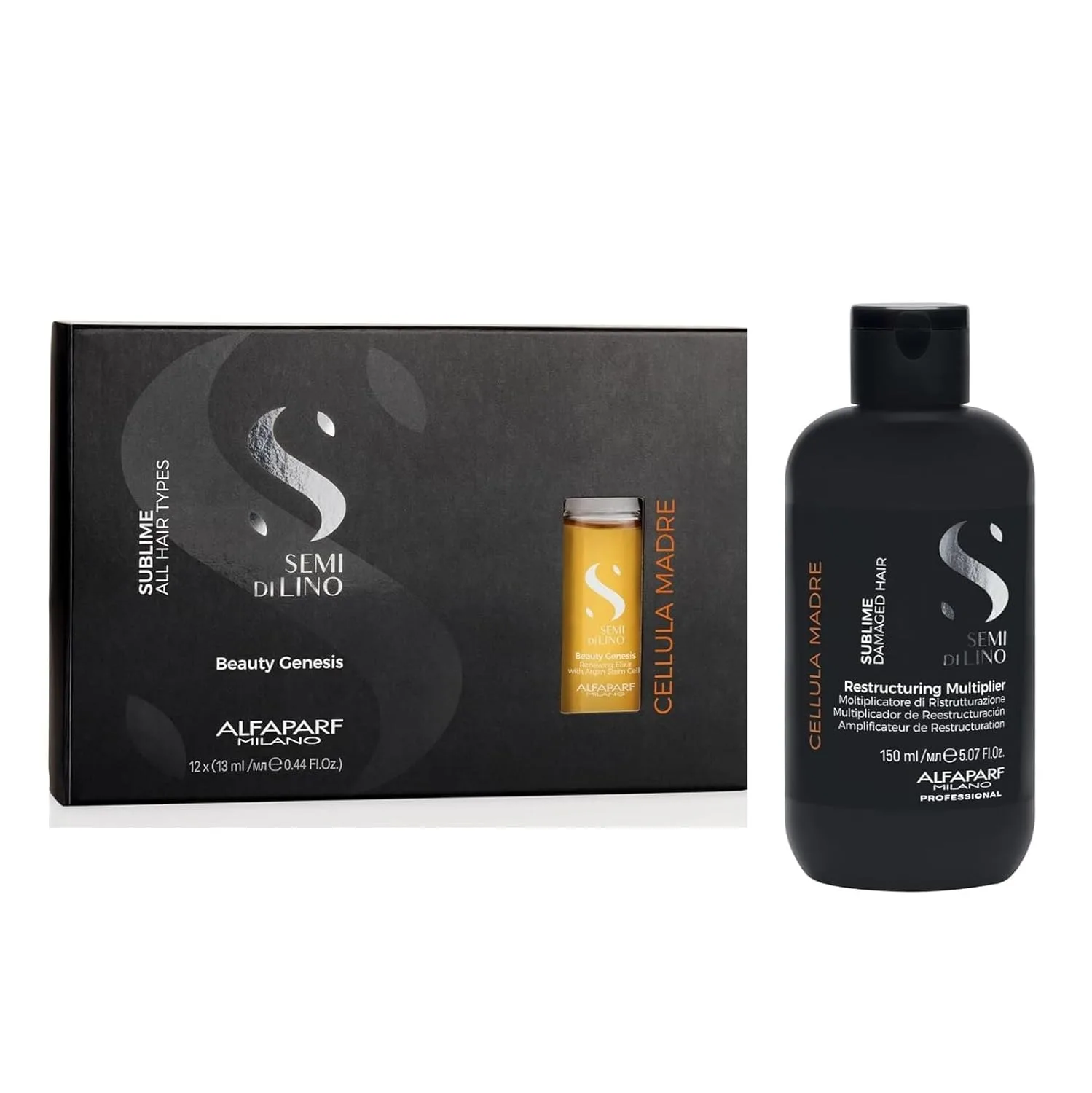 Alfaparf Milano Semi di Lino Cellula Madre Beauty Genesis and Restructuring Multiplier Set для поврежденных волос - Восстанавливает и укрепляет волосы, защищая их и усиливая косметический цвет.