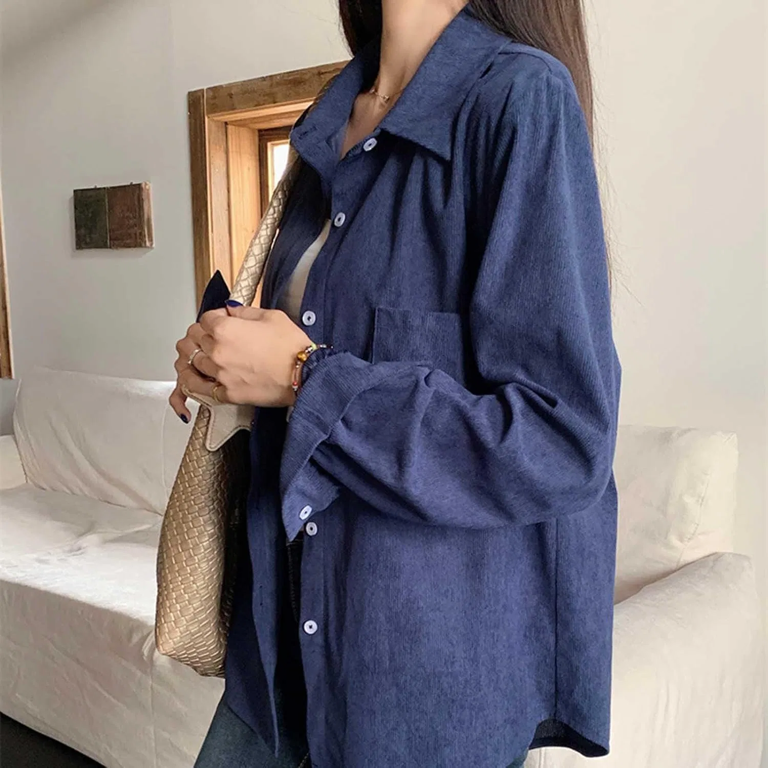 Блуза, длинный рукав, Corduroy Shirt, синий — фото 4