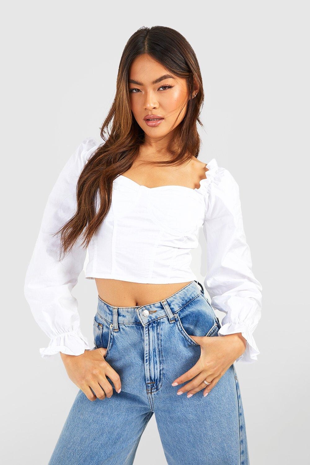 

Укороченный топ из ткани с длинными рукавами Boohoo, белый