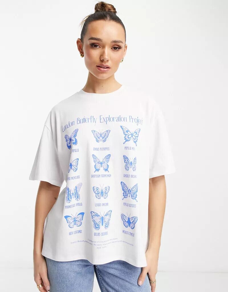 

Белая оверсайз-футболка с плотным графическим принтом в виде бабочки ASOS