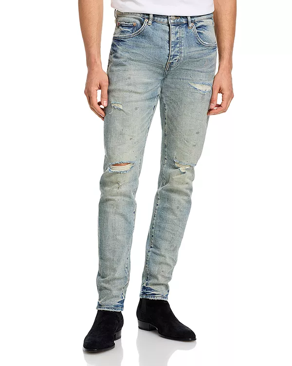 

Потертые, изношенные джинсы с рваными краями, светло-индигового цвета. Purple Brand, синий