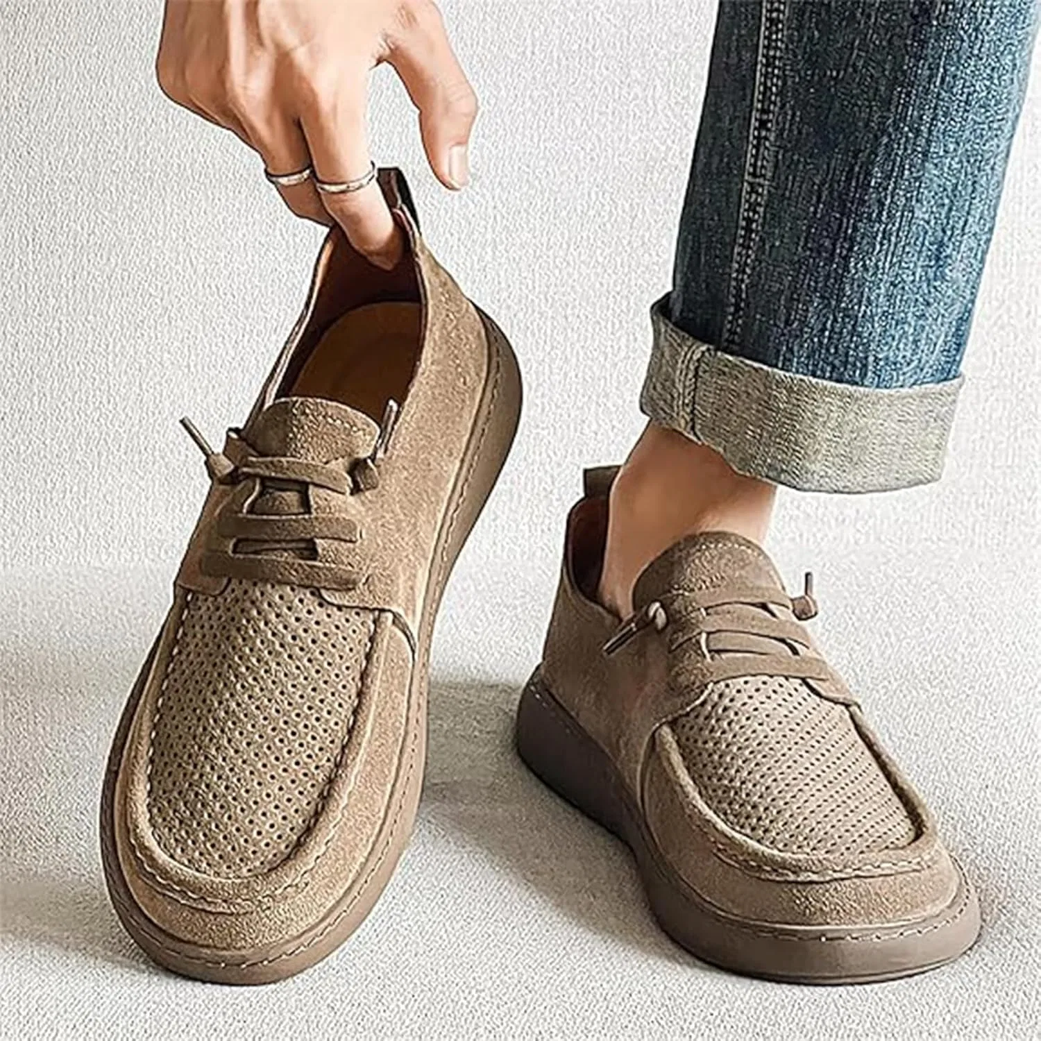 Лоферы кожаные шнурованные Men's Casual Slip-On Loafers Handmade Leather Lace-Up Lightweight Comfortable Soft Sole Walking Shoes, серый Xinduoyu — фото 3