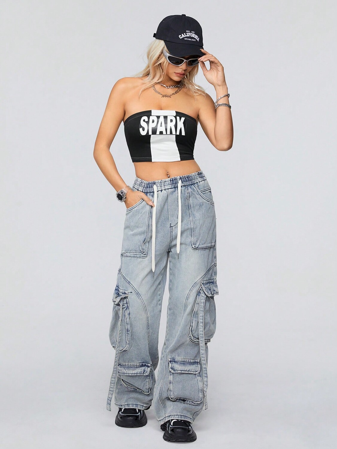 

SHEIN Coolane рубашка без бретелек в стиле колор-блок с буквенным узором, черный и белый