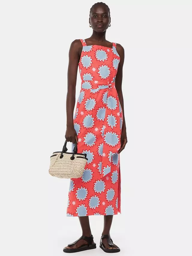 

Платье Whistles Sunburst Print Linen Blend Midi, цвет coral/multi