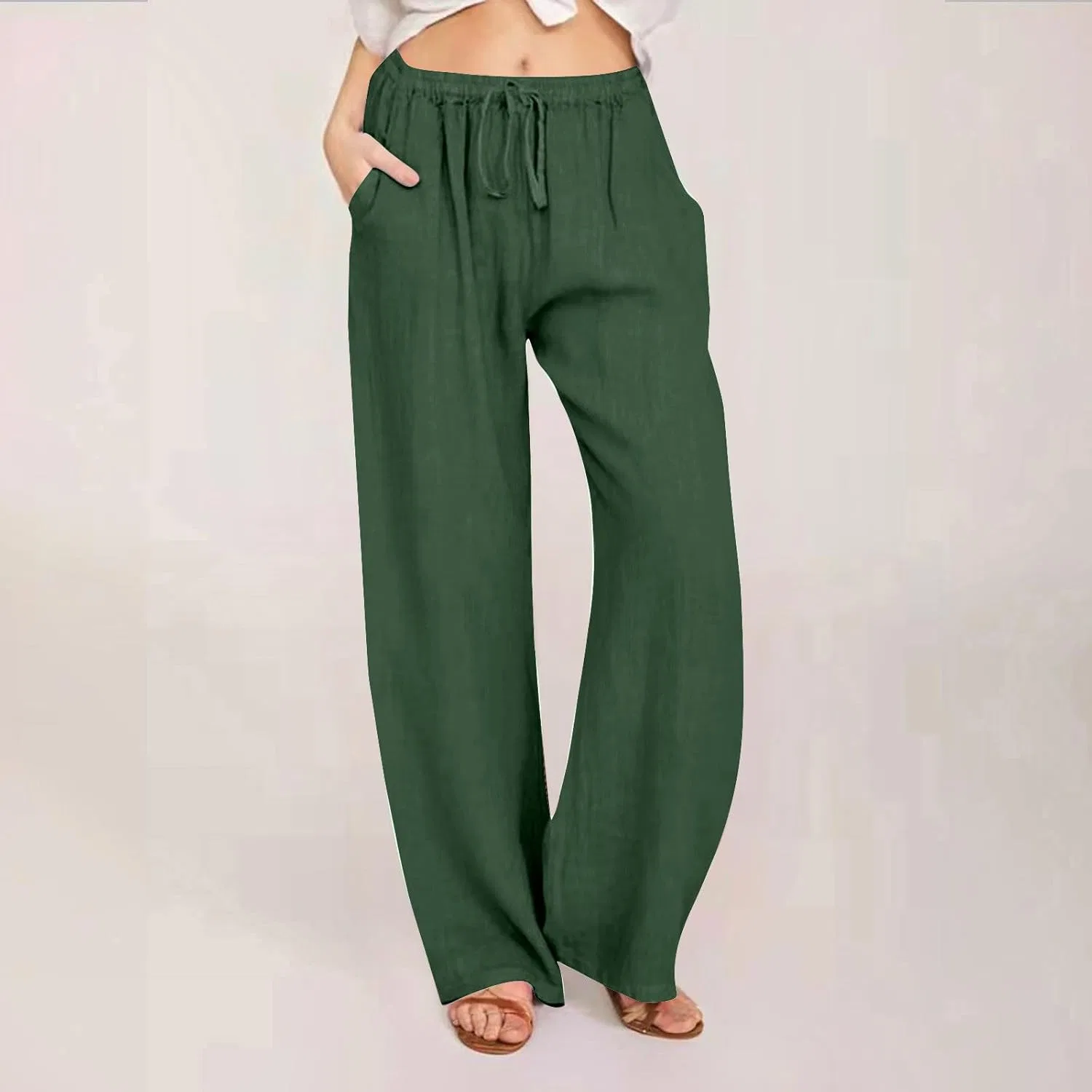 Женские широкие брюки из хлопка и льна, на запахе, с карманами, Army Green — фото 2