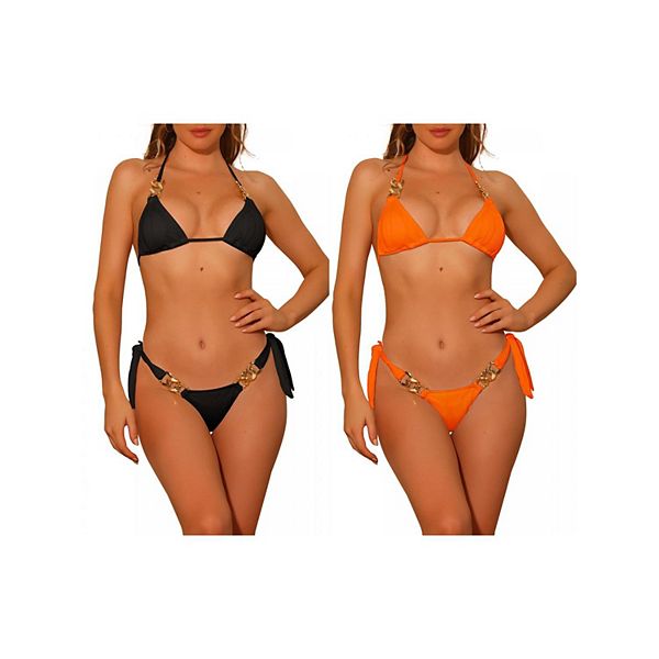 

2 комплекта женского бикини с цепочкой и фактурным узором, треугольный низ с завязками по бокам Inspire Chic, Black Orange, Черный, 2 комплекта женского бикини с цепочкой и фактурным узором, треугольный низ с завязками по бокам Inspire Chic, Black Orange