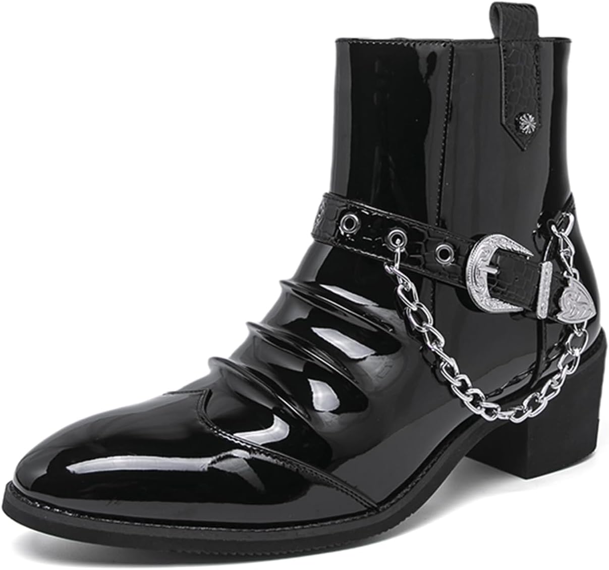 

Мужские ботинки Челси на толстом каблуке с заостренным носком из лакированной кожи, с боковой молнией, ремешком и серебристой цепочкой, вестерн-стиль, для вечеринки, свадьбы, ночного выхода или формальных мероприятий Tengfeifly