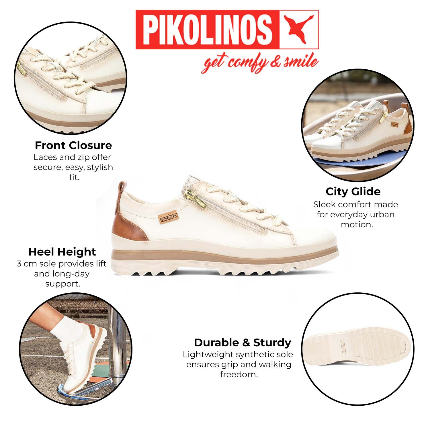 Pikolinos женские белые кожаные кроссовки Nata со шнурками и молнией - Vigo — фото 2