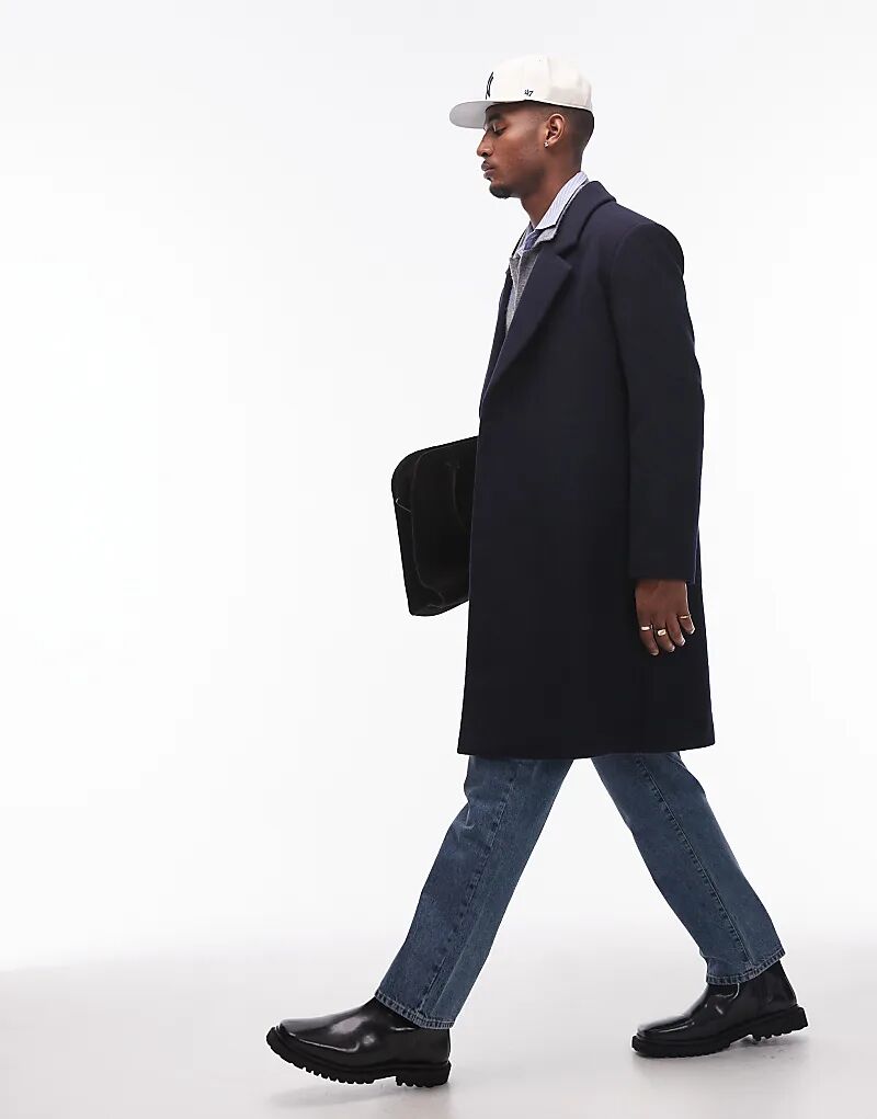 

Однобортное пальто темно-синего цвета Topman