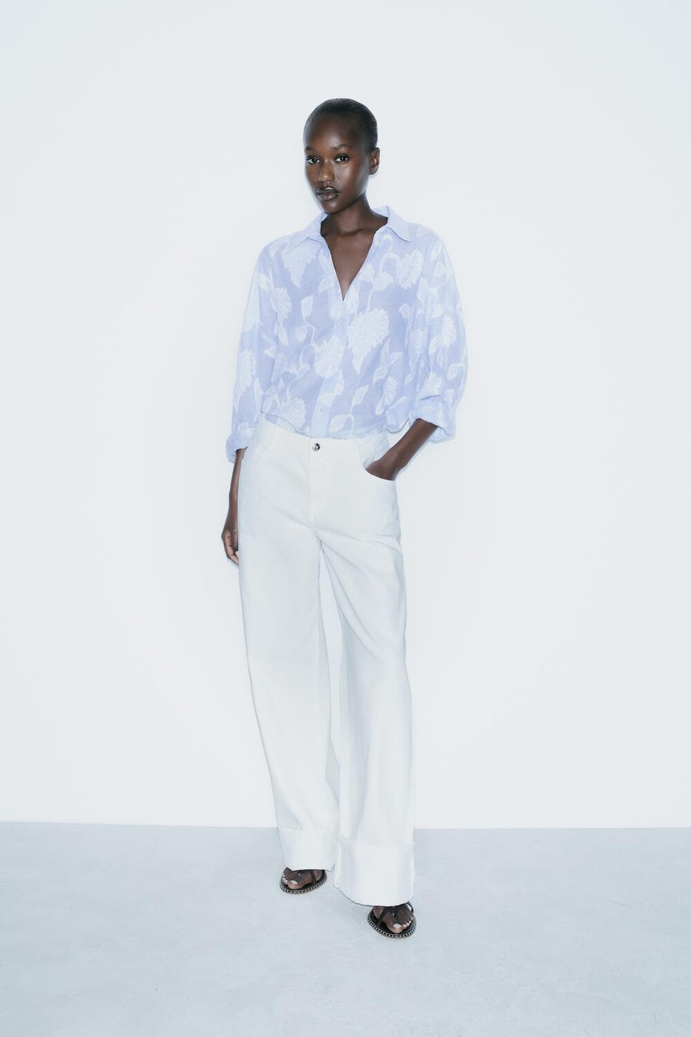 

Рубашка с вышитыми полосами ZARA, синий/белый