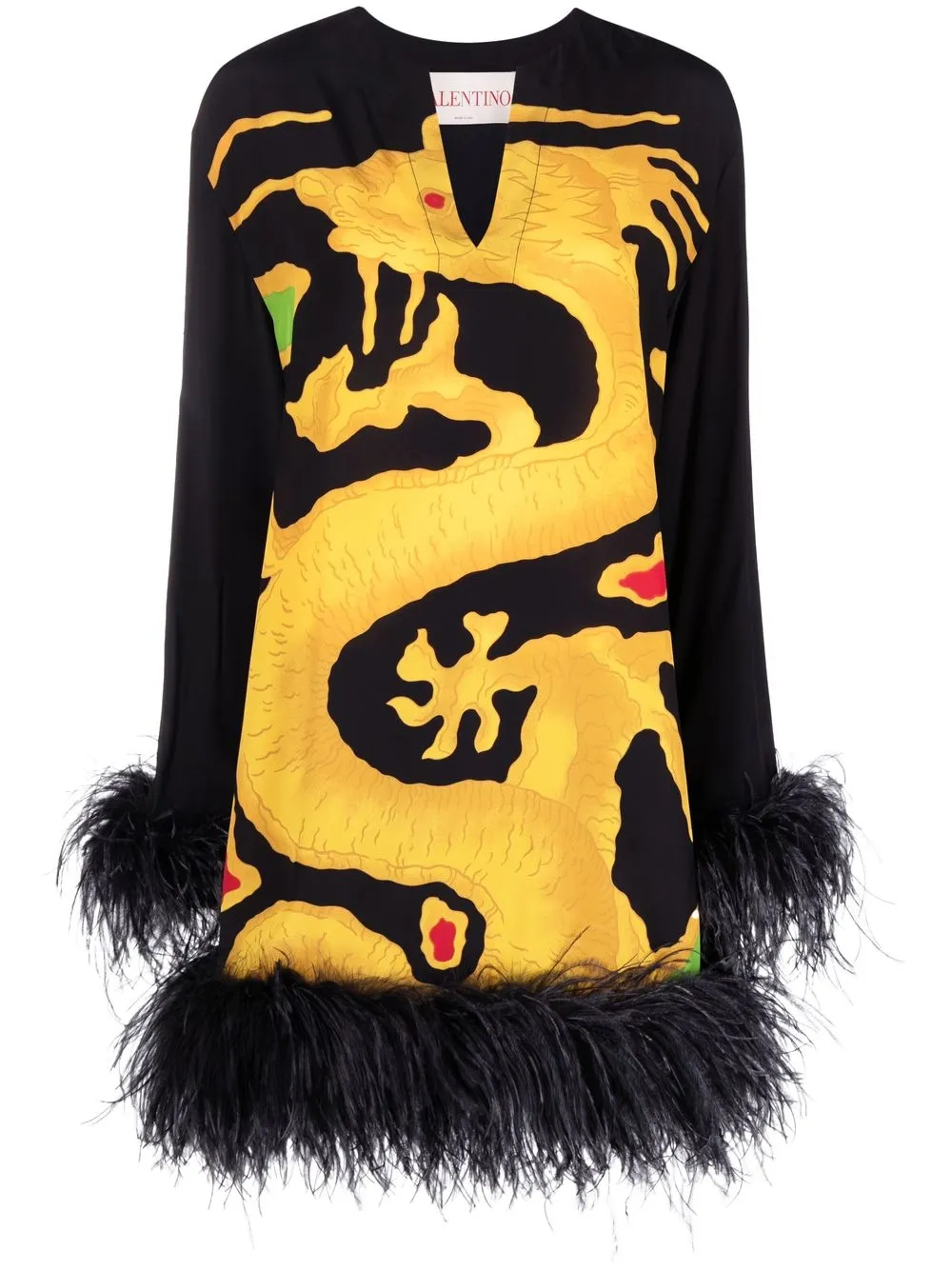 

Шелковое платье с перьями и принтом Valentino Garavani, черный