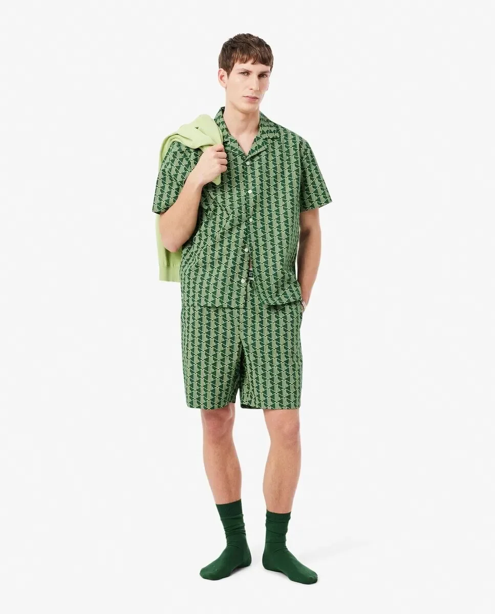 Lacoste Мужские короткие пижамные брюки из поплина с зеленым узором монограммы — фото 4