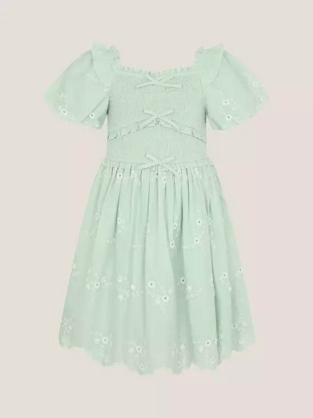 Детское платье с цветочной вышивкой и пышными рукавами Monsoon, Green