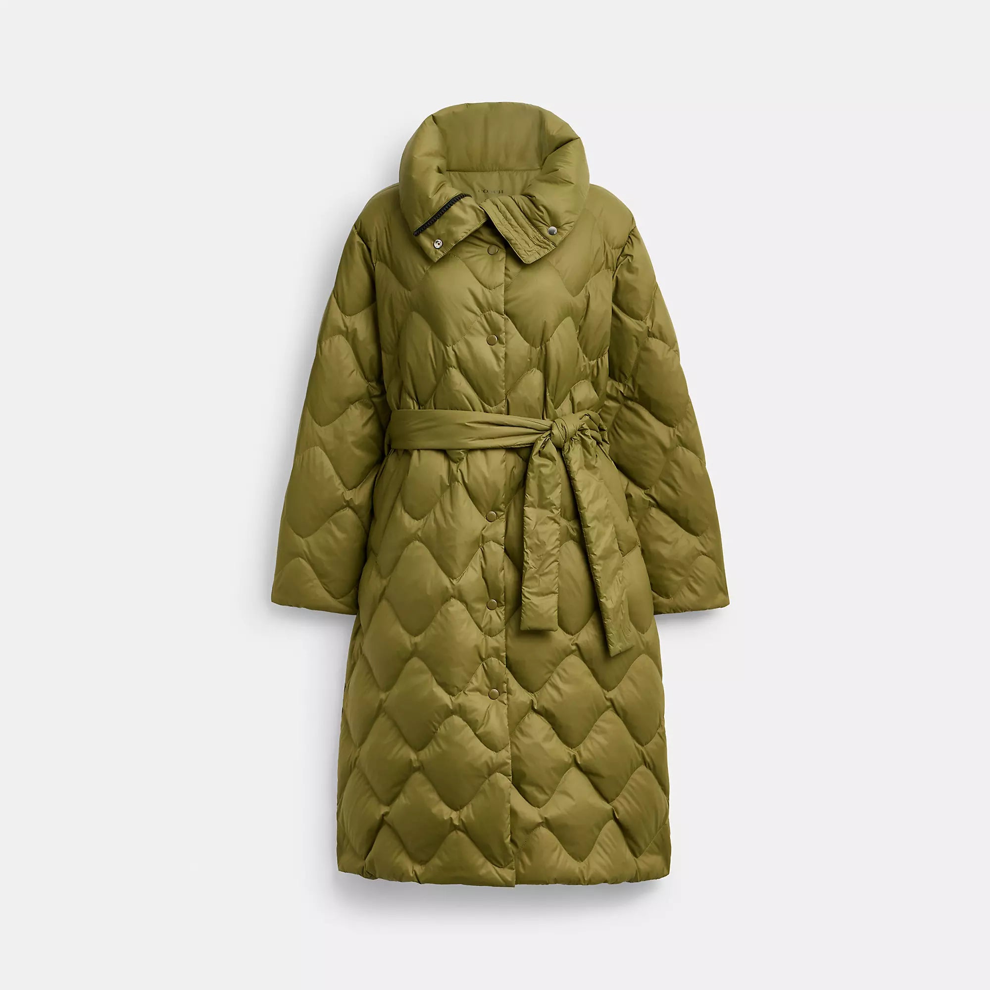 

Coach Outlet Стеганый длинный пуховик из переработанного нейлона, оливковый