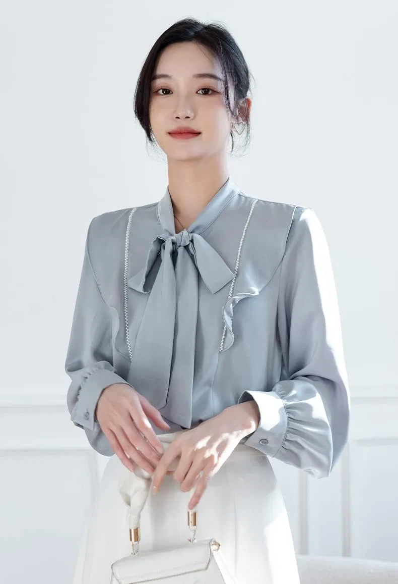 Блуза с бантом, шифоновая Bowtie Blouse, синий — фото 2