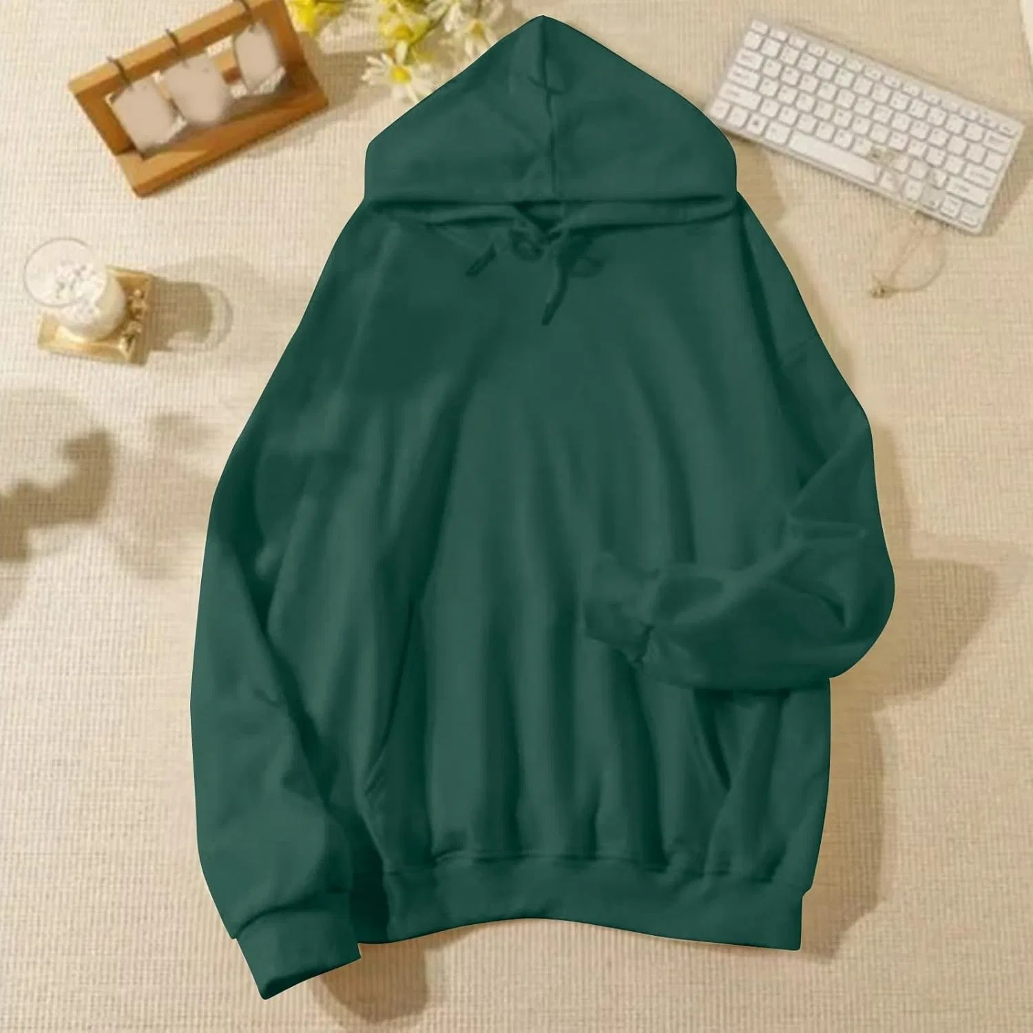 Женский свитшот оверсайз с капюшоном, флис, A005- Dark Green — фото 2