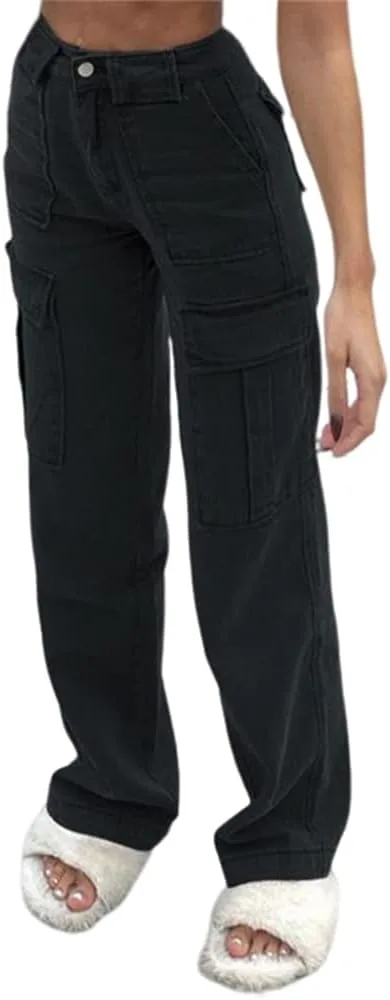 

HOULENGS женские джинсы карго с высокой талией, прямые широкие