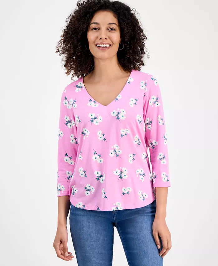

Футболка Petite Chintz Floral с V-образным вырезом и рукавами 3/4 Style & Co, розовый