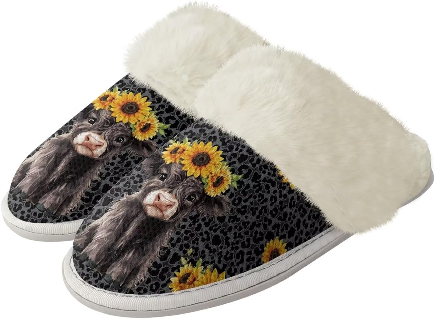 

Женские домашние уютные тапочки без шнурков, мягкие пушистые домашние тапочки, унисекс, бесшумные, с нескользящей резиновой подошвой, для спа-процедур и ванны Watdotory, Sunflower Highland Cow