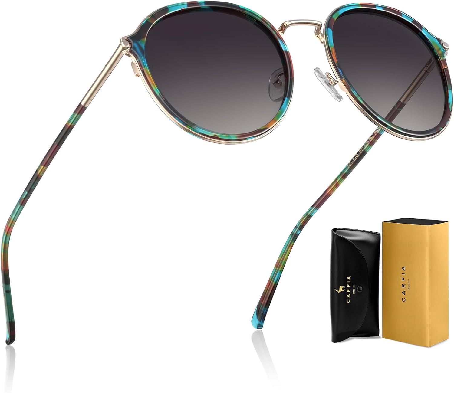 

Солнцезащитные очки CARFIA Retro Acetate Polarized для женщин с защитой от УФ-излучения, модные круглые солнцезащитные очки с металлическими оправами, 2. Blue Floral Frame and Grey Lens