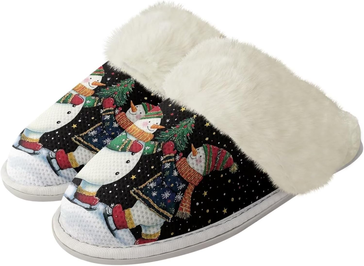 

Тапочки Srengjodk для женщин и мужчин, хлопковые фланелевые тапочки с меховой отделкой, домашние тапочки для него и для нее, размер 36-47, Retro Snowman Print