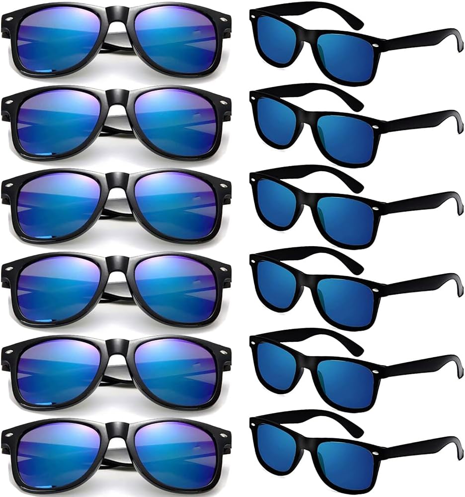 

Набор солнцезащитных очков для вечеринок — 12 винтажных пластиковых очков в стиле ретро для мужчин и женщин — сувениры для вечеринок Dwenarry, Black Frame Reflective Blue Lens