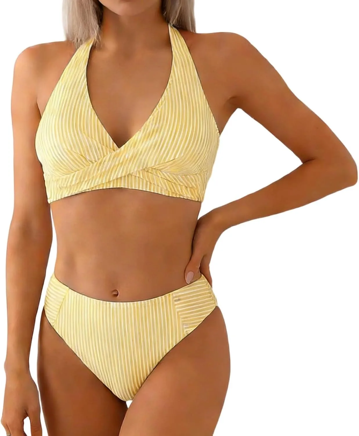 

Женский купальник Twist Front Bikini Set, полосатый, с глубоким вырезом и открытой спиной