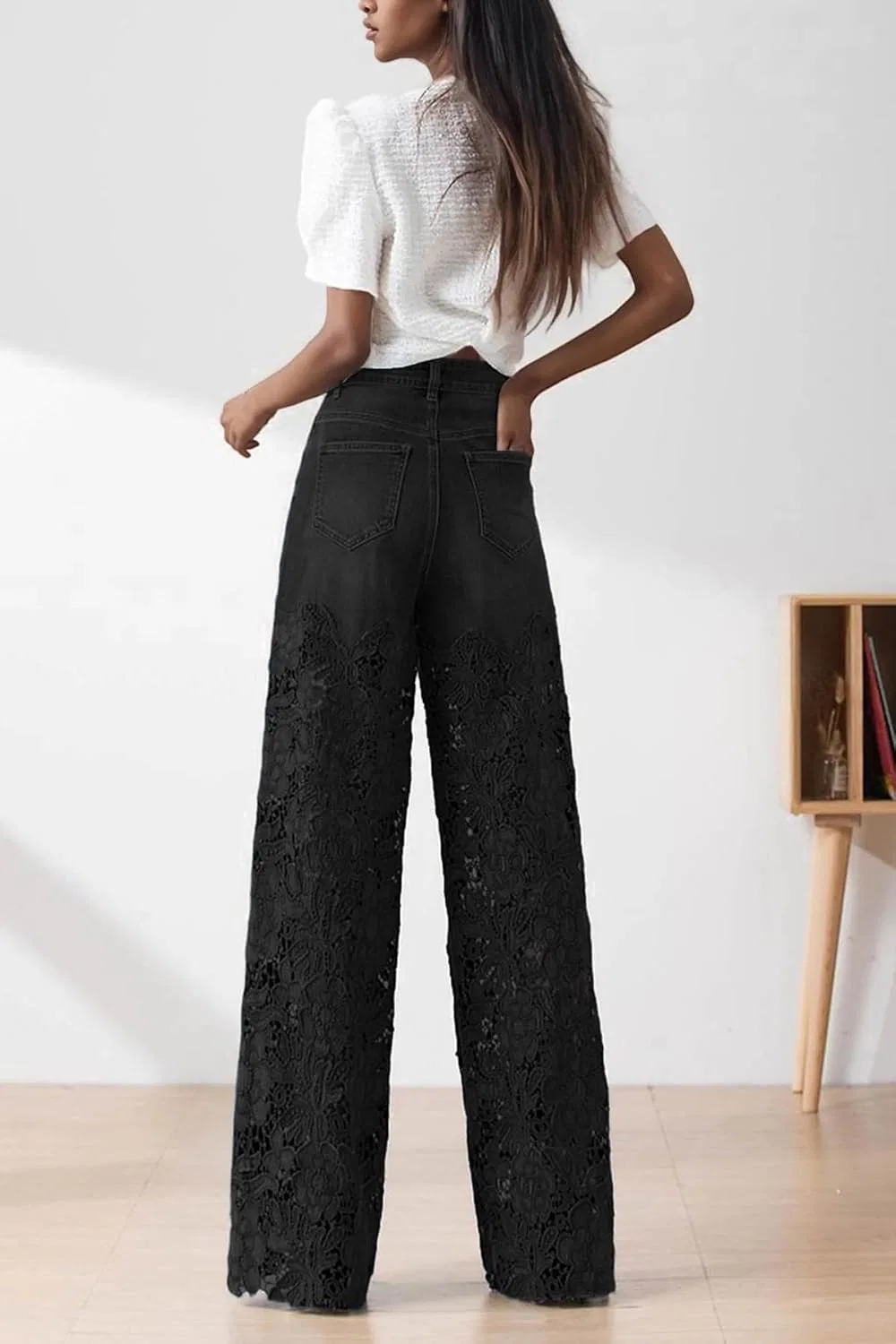 Джинсы с кружевом, Women’s Lace Jeans, Black — фото 4