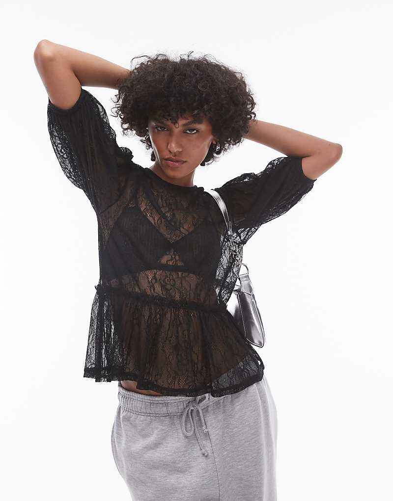 

Черный кружевной прозрачный топ Topshop