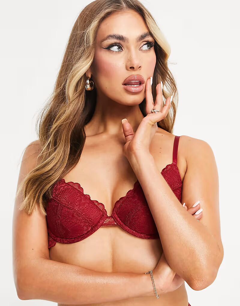 

Бюстгальтер на косточках ASOS DESIGN Rosie с глубоким вырезом и кружевом, бордовый