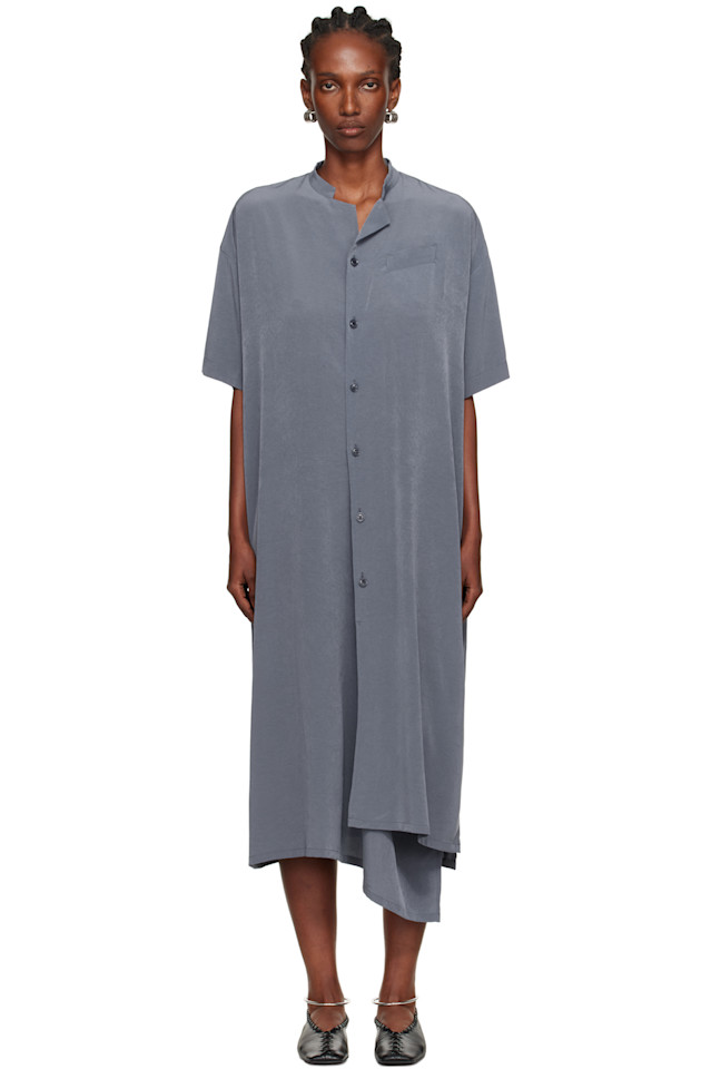 

Синее платье-рубашка миди с коротким рукавом Y'S, синий/серый