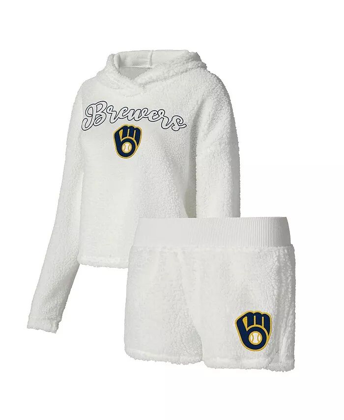 

Женский кремовый пушистый свитер с капюшоном Milwaukee Brewers и шорты для сна Concepts Sport