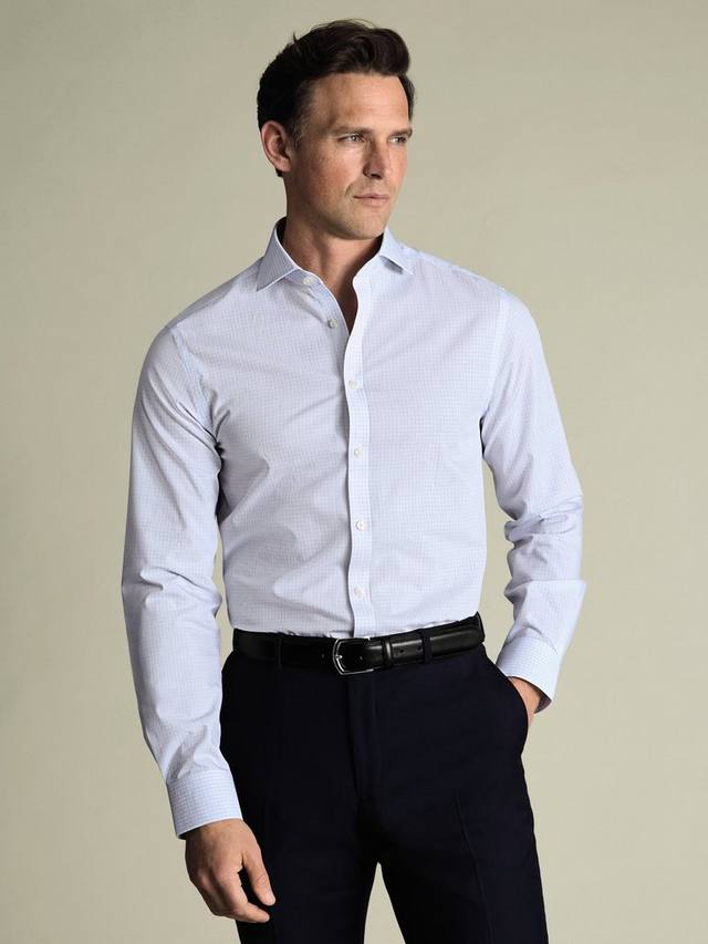 

Нержавеющая хлопковая поплиновая рубашка Slim Fit в клетку Charles Tyrwhitt, Ice Blue