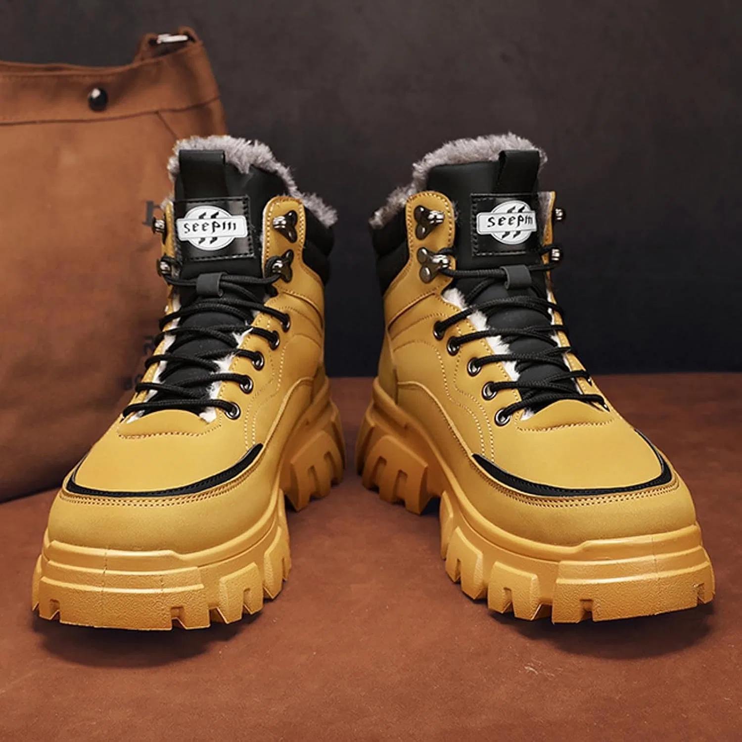 Ботинки Winter Wanderschuhe Damen Herren, Herren Winterstiefel einfarbigem Fleece mit Schnürung, warme Schneestiefel, lässiger Komfort Generic, Gelb — фото 4