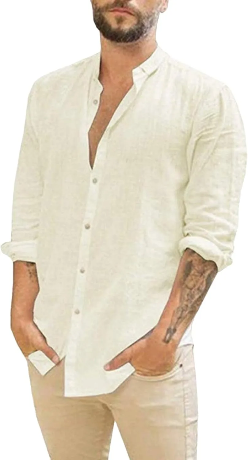 

Evzosrz рубашка из хлопка и льна для мужчин с длинными закатанными рукавами и отложным воротником