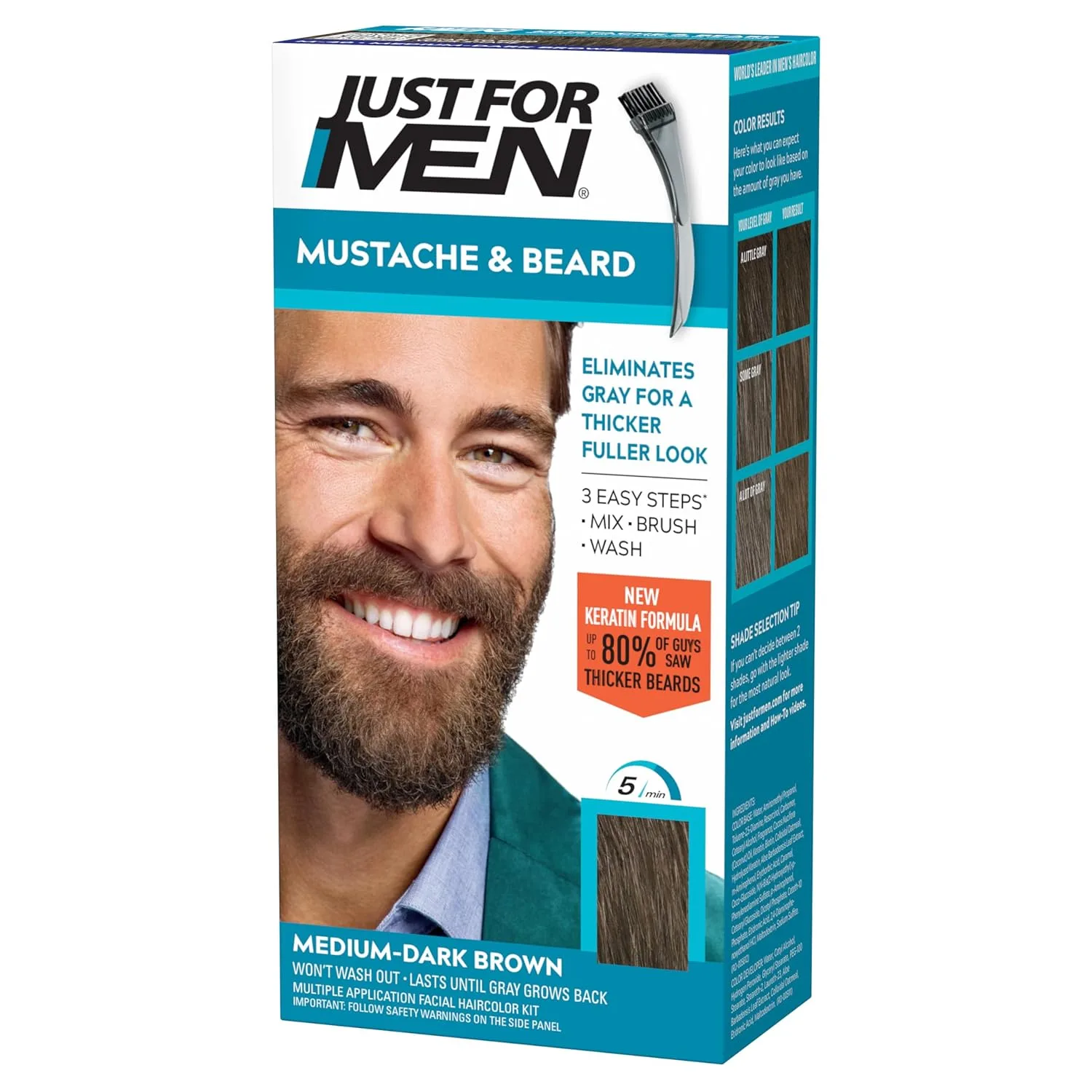 Just For Men Mustache & Beard, окрашивание бороды для седых волос с кистью, с кератином, биотином, алоэ и кокосовым маслом для здоровой растительности на лице - Medium-Dark Brown, M-40, 1 шт 1 штука (1 шт.), Medium-Dark Brown M-40