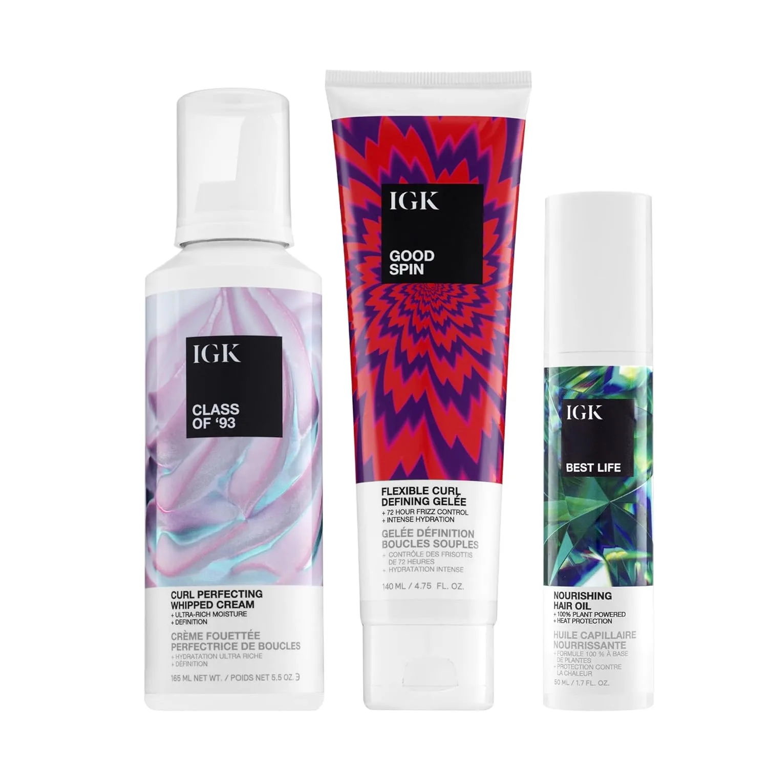 Набор для укладки и ухода за волосами IGK Class of '93 Texture & Hold Cream, Good Spin Gelee и Best Life Hair Oil для объема, блеска и контроля над пушистостью