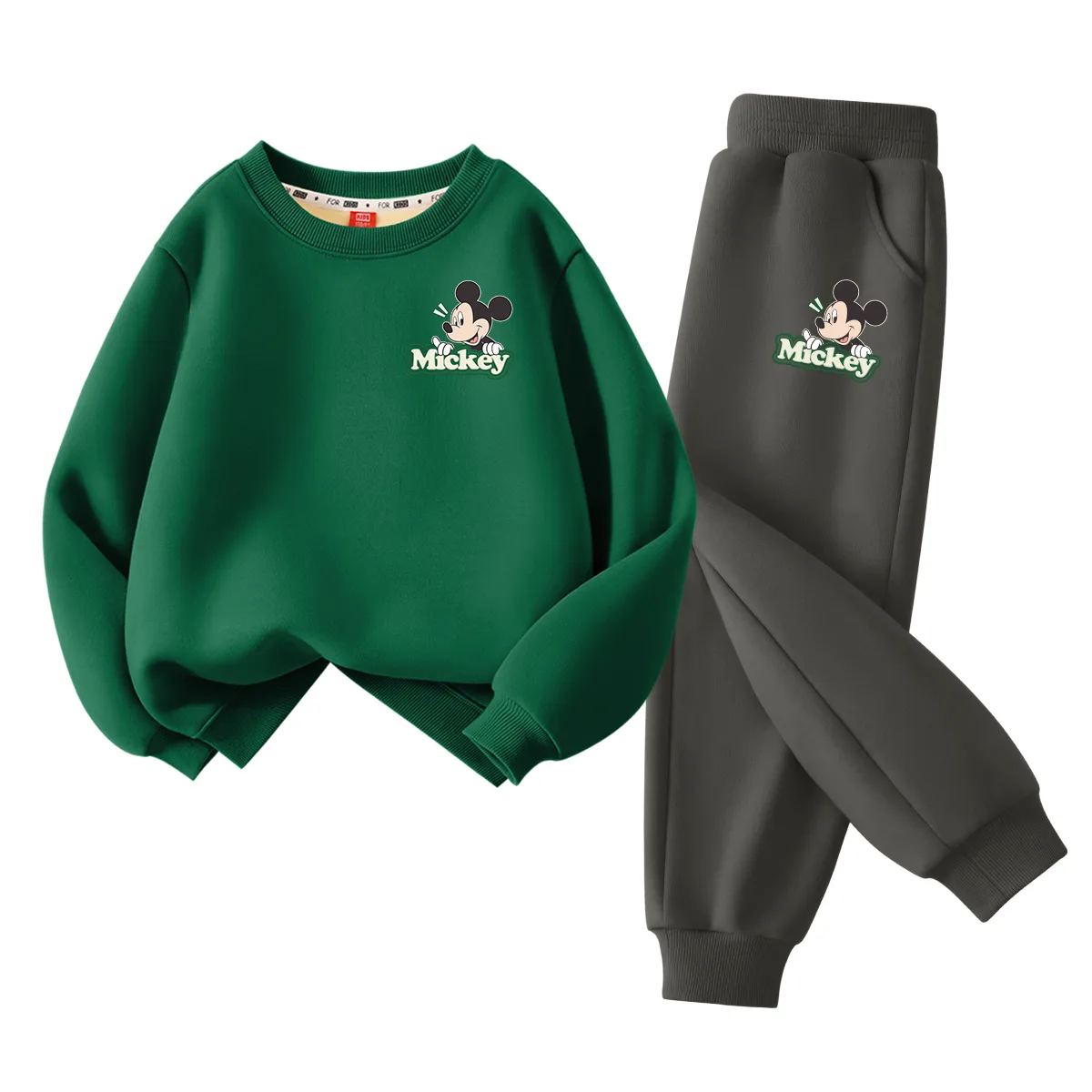 Детский спортивный костюм с круглым вырезом Disney, [Thickened and Fleece-Lined]Di Smile Face Qi K Vintage Green+Di Smile Face Qi K Graphite Gray