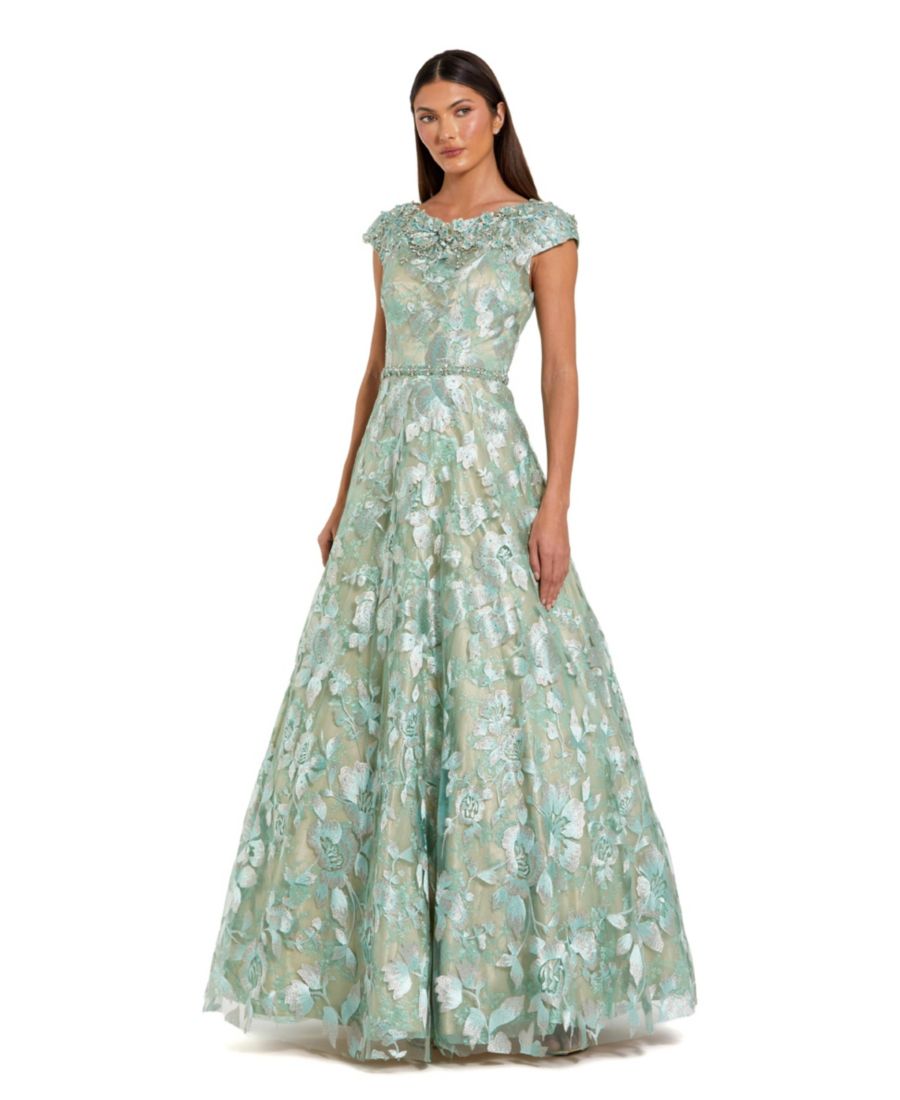 

Женское бальное платье с короткими рукавами и высоким воротником, украшенное вышивкой Mac Duggal, Sage