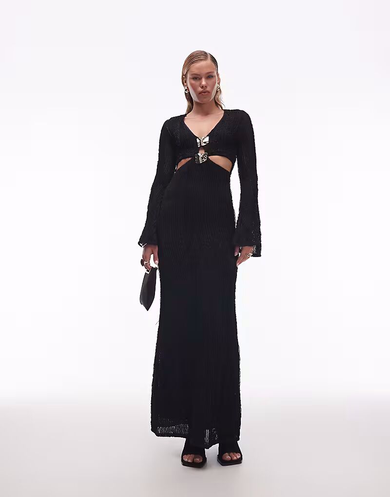 

Платье миди с длинными рукавами и золотой фурнитурой, черное Asos Design