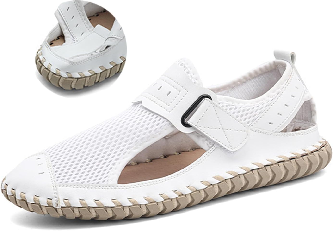 

Мужские сандалии с сеткой, быстро сохнущие, противоскользящие для пляжа, удобные закрытые с носком, на липучке, для походов и водных видов спорта, для бассейна, пляжей, серфинга и прогулок по воде Etoryoox, белый