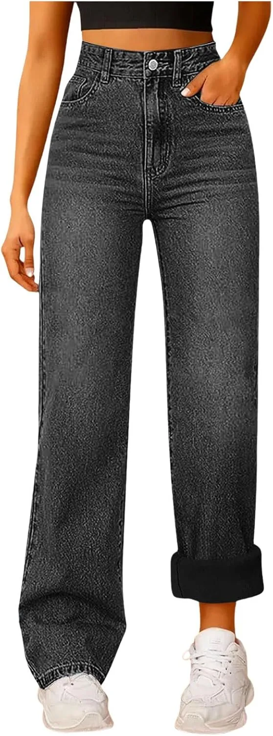 

Женские джинсы Baggy Fleece Lined High Waist Wide Straight Leg Streetwear