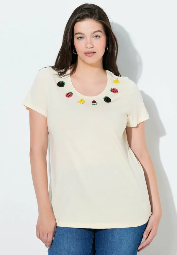 

Футболка с принтом фруктов, украшенная бисером. Ulla Popken, Pearl White, Белый, Футболка с принтом фруктов, украшенная бисером. Ulla Popken, Pearl White